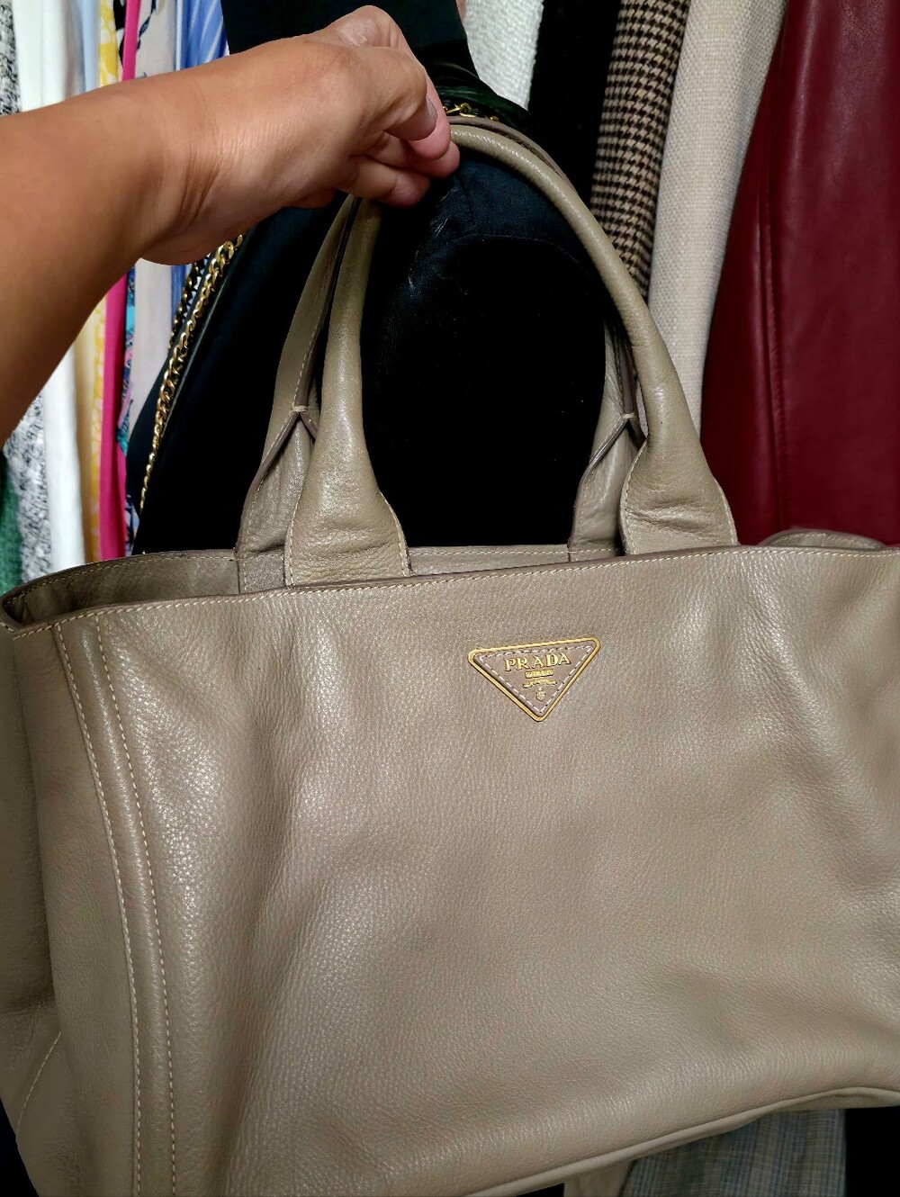 Prada Taupe Leather Tote with Gold Triangle Logo